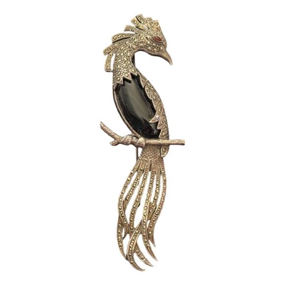 no brand Jewelry - Vintage 80’s Art Deco Style Bird Of Paradise Silver & Marcasite Brooch